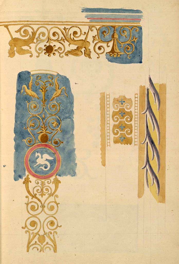 VI.1.7/25 Pompeii. Pre-1831.
Mixed decorative elements, very similar to ones in above photo. (Also included in Via Consolare).
See Debret F. (1777-1850), Piranesi F. (1758-1810), LaBrouste H. (1801-1875). Voyage en Italie-De Naples à Paestum, pl. 128.
INHA Identifiant numérique : NUM PC 77832 (07). See book on INHA Les documents sont placés sous « Licence Ouverte / Open Licence » Etalab