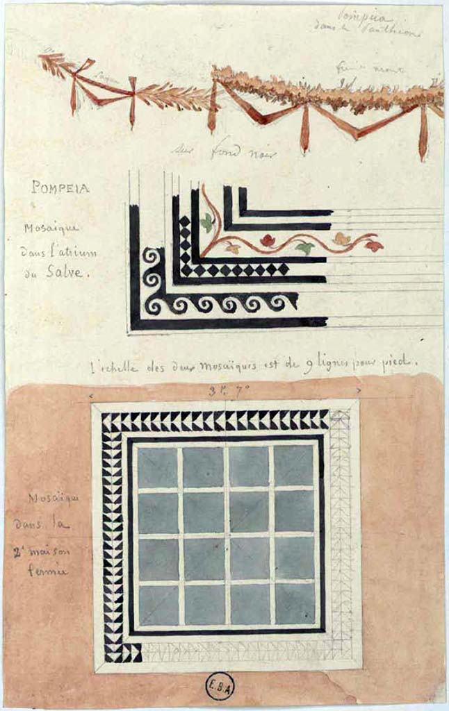 VI.1.7/25 Pompeii.
The central sketch is a watercolour drawing of a part of a mosaic in the atrium of the House of Salve.
The upper sketch appears to be a garland from the Pantheon (VII.9.7) which it said had a black background.
The lower sketch says it is a mosaic in the 2nd house Pompei, which may mean is from VI.1.25, but is also from VI.2.22, either the tablinum or a triclinium.
See Lesueur, Jean-Baptiste Ciceron. Voyage en Italie de Jean-Baptiste Ciceron Lesueur (1794-1883), pl. 46.
See Book on INHA reference INHA NUM PC 15469 (04) « Licence Ouverte / Open Licence » Etalab