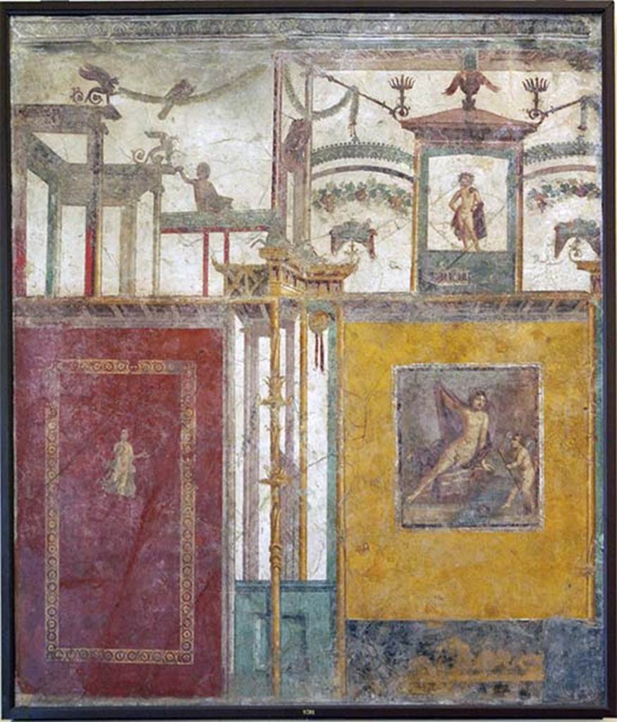 VI.1.7 Pompeii. Found on 15th December 1770, wall painting of either Narcissus or Bacchus with architectural scenes.
Found in Prothyron (g) “In una stanza immediata alla descritta…….”.
Now in Naples Archaeological Museum. Inventory number 9701.
See Pagano, M. and Prisciandaro, R., 2006. Studio sulle provenienze degli oggetti rinvenuti negli scavi borbonici del regno di Napoli. Naples : Nicola Longobardi. (p.68).