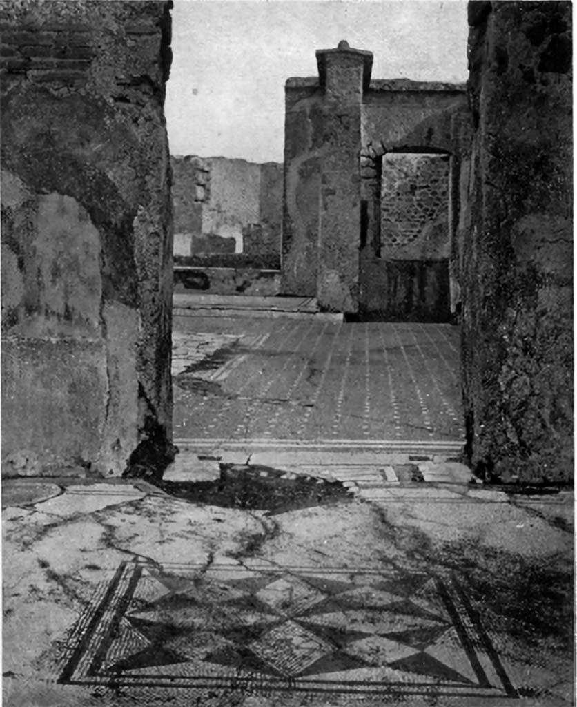VI.1.8 Pompeii. c.1930. Looking east across flooring towards doorway to atrium.
See Blake, M., (1930). The pavements of the Roman Buildings of the Republic and Early Empire. Rome, MAAR, 8, (p.103, with ftn.5, & Pl.31, tav.4).