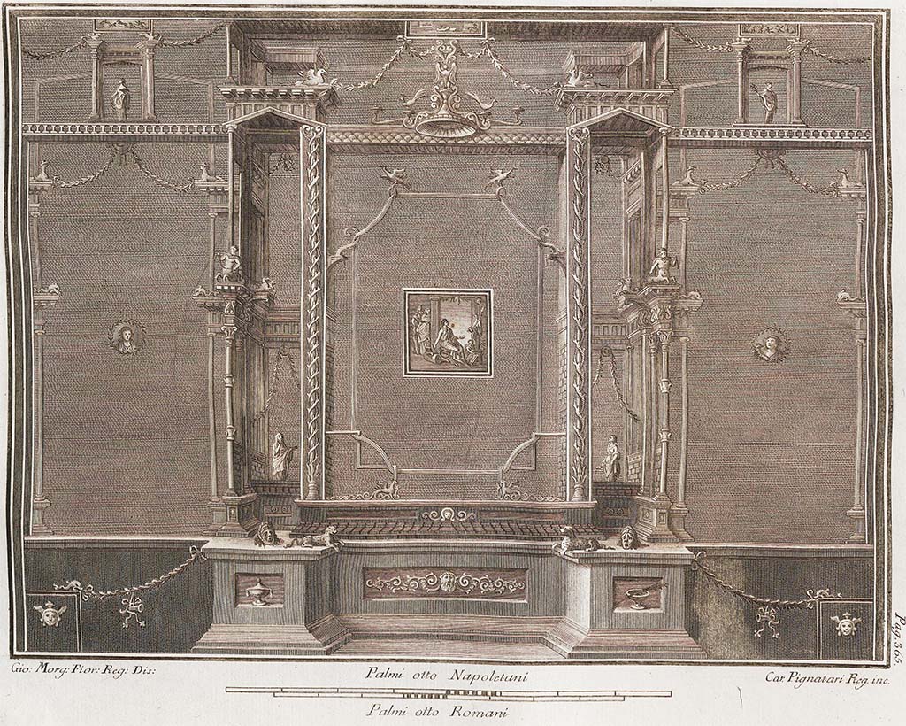 VI.1.10 Pompeii. 1779 drawing of room 9, east wall of room to south of garden, showing central picture in place.
See Antichità di Ercolano: Tomo Setto: Le Pitture 5, 1779, tav. 83, p.365.