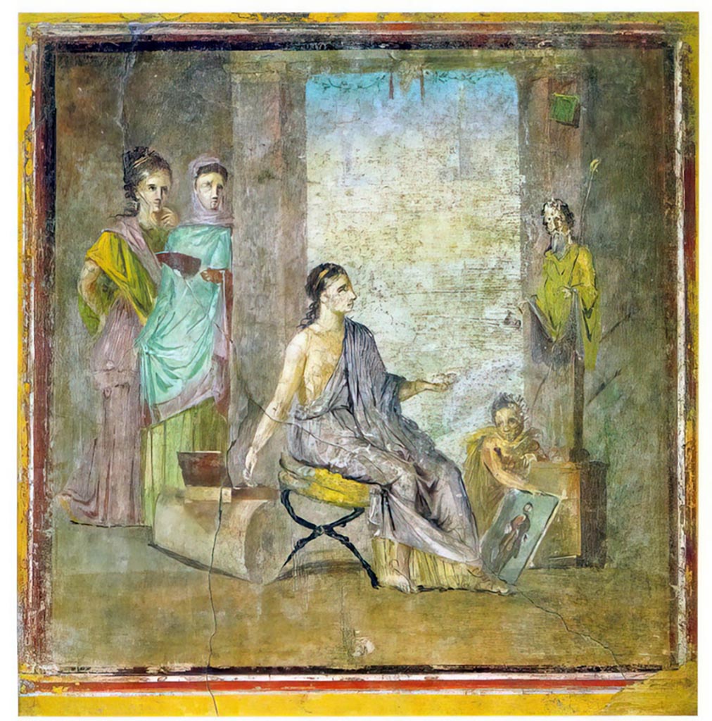 VI.1.10 Pompeii. December 2019. Found 22nd June 1771 on east wall of room 9, room to south of garden.
Wall painting of a young woman painting a herm of Dionysus.
Now in Naples Archaeological Museum. Inventory number 9018. Photo courtesy of Giuseppe Ciaramella.