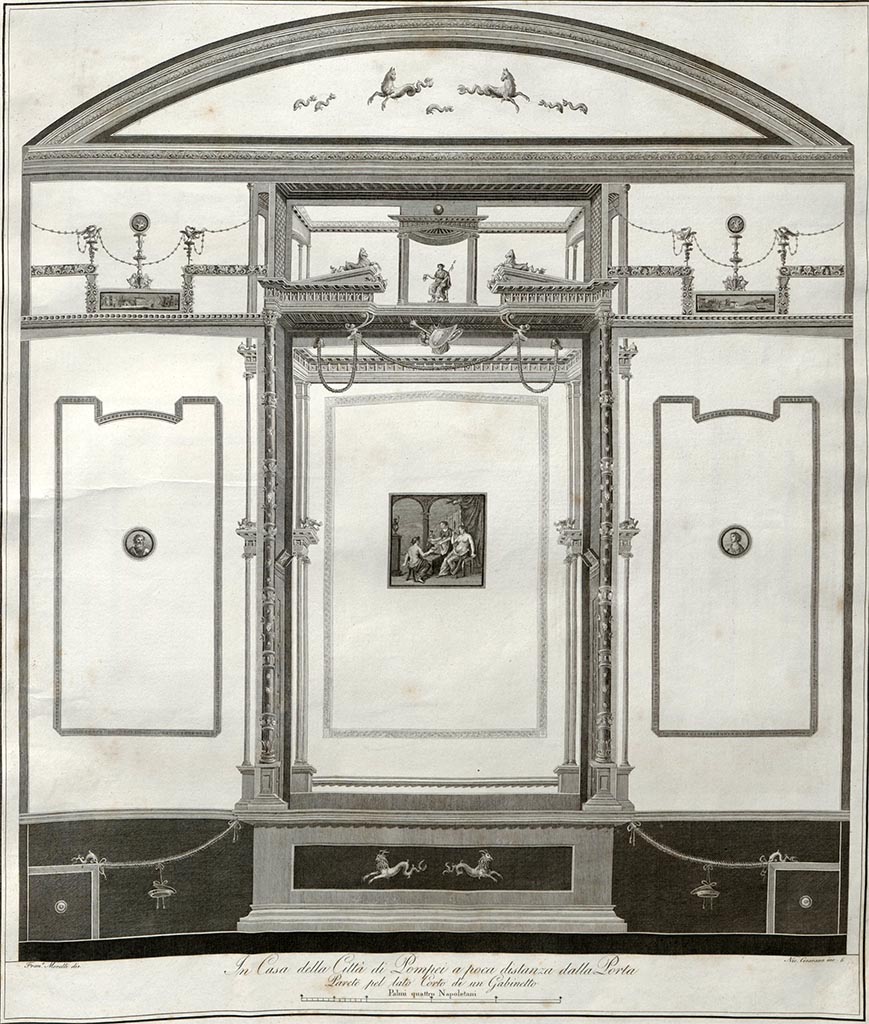 VI.1.10 Pompeii. Pre-1808 drawing by Francesco Morelli of room 9, south wall of room to south of garden.
See Gli ornati delle pareti ed i pavimenti delle stanze dell'antica Pompei incisi in rame: 1838.