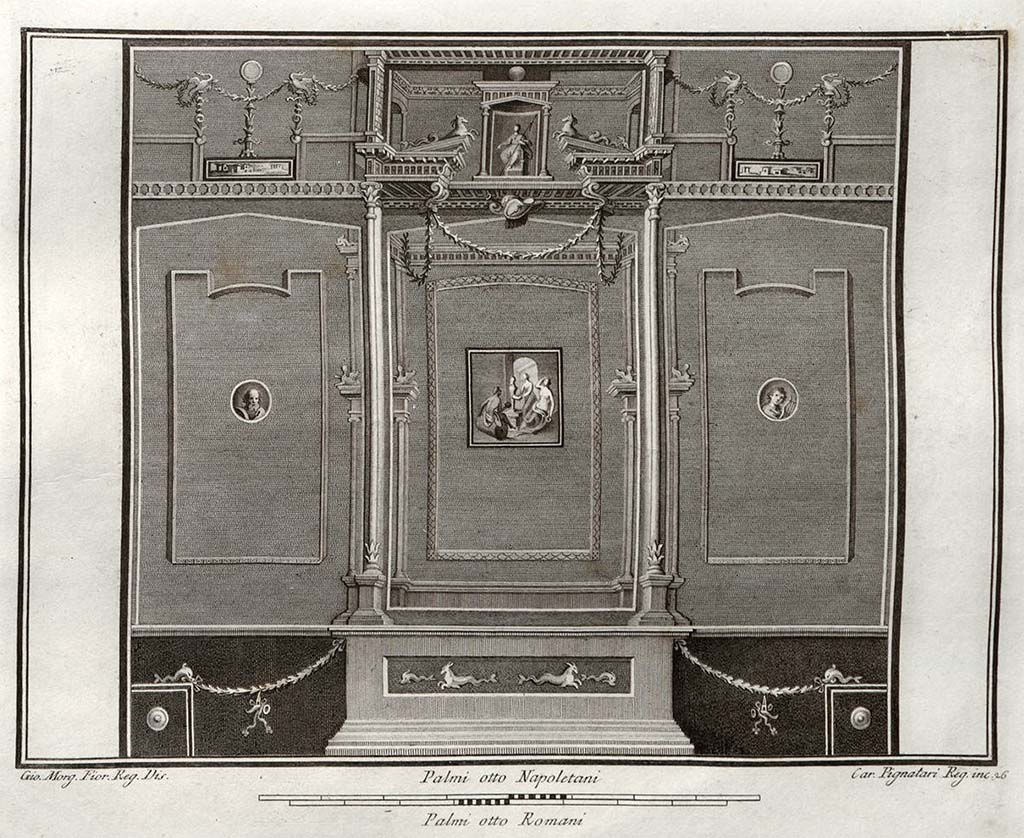 VI.1.10 Pompeii. Pre-1796 drawing of room 9, south wall of room to south of garden.
See Gli ornati delle pareti ed i pavimenti delle stanze dell'antica Pompei incisi in rame: 1796, Tav. 36.