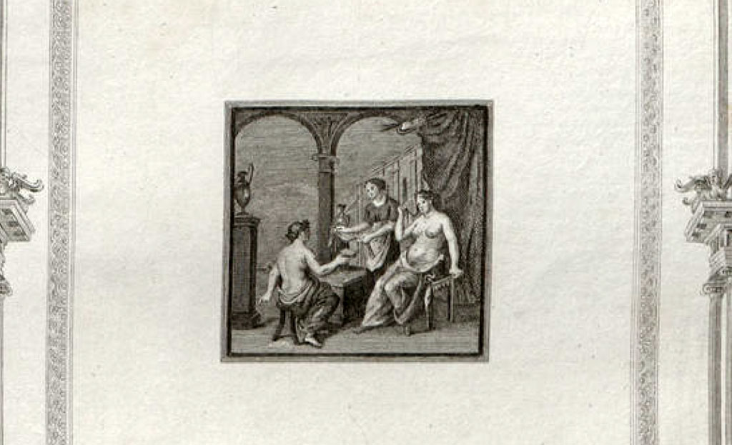 VI.1.10 Pompeii. Pre-1808 drawing of central panel from south wall of room 9.
Copy of painting of a man sitting with a writing tablet in his hand, opposite him are 2 girls, one sitting, the other standing; the latter holds a roll of papyrus.
See Gli ornati delle pareti ed i pavimenti delle stanze dell'antica Pompei incisi in rame: 1808, and 1838, Tav. 6.
