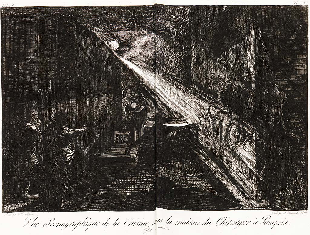 VI.1.10 Pompeii. Pre-1804. Room 11, drawing by Piranesi, of kitchen scene in House of Surgeon.
See Piranesi, F, 1804. Antiquités de la Grande Grèce : Tome I. Paris : Piranesi and Le Blanc. Vol. I, pl. XXI.