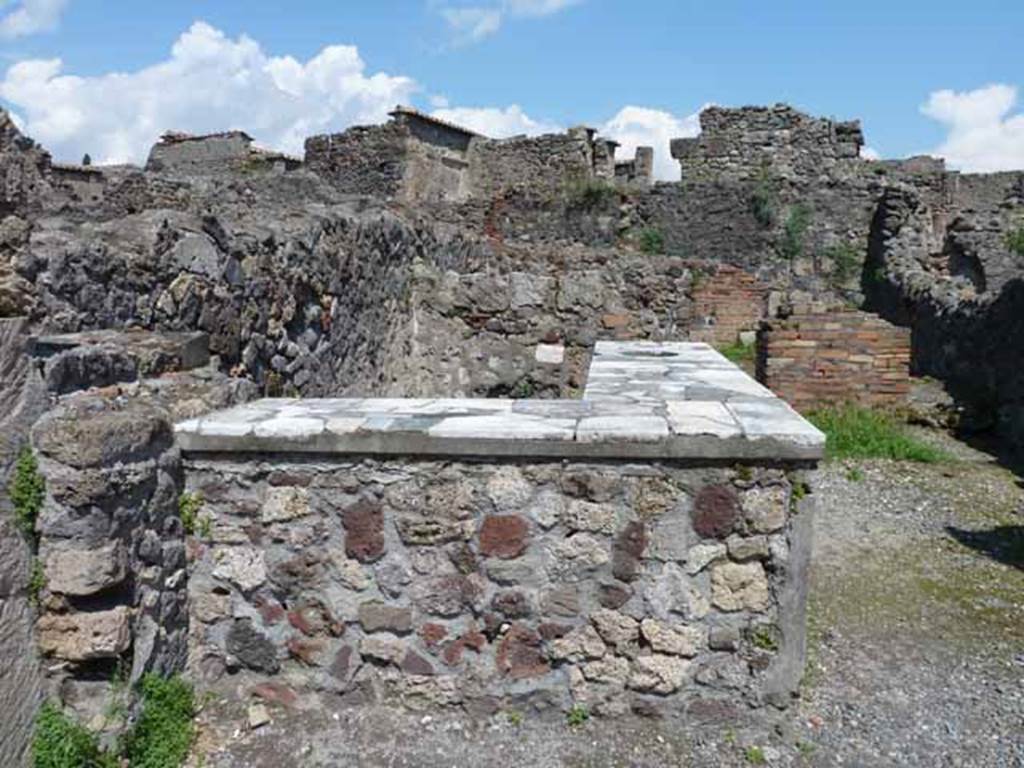 VI.1.17 Pompeii. May 2010. Two-sided bar counter with display shelves. Looking east.