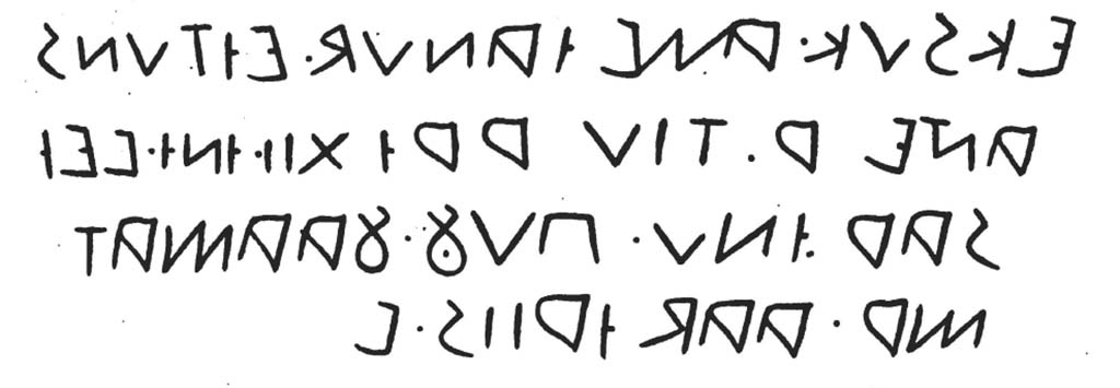 VI.2.2 Pompeii. c.1836. Drawing of remains of red painted Oscan inscription known as eítuns on pillar between VI.2.3 and VI.2.2.
See De Jorio, A., 1836. Guida di Pompei. Napoli: Fibrena, Tav. IV. no. 1.