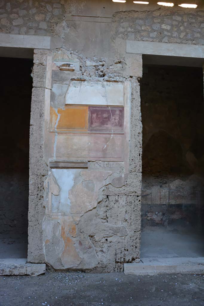 VI.2.4 Pompeii, December 2017.
Painted wall decoration on pilaster between doorways to the first and second cubiculum, on north side of atrium.
Foto Annette Haug, ERC Grant 681269 DÉCOR.