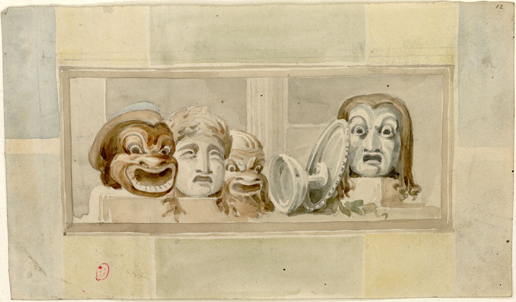 VI.2.4 Pompeii. c.1819 sketch by W. Gell of painting of masks from the south-west corner of room on north side of tablinum.
See Gell W & Gandy, J.P: Pompeii published 1819 [Dessins publi�s dans l'ouvrage de Sir William Gell et John P. Gandy, Pompeiana: the topography, edifices and ornaments of Pompei, 1817-1819], p. 57.
See book in Biblioth�que de l'Institut National d'Histoire de l'Art [France], collections Jacques Doucet Gell Dessins 1817-1819
Use Etalab Open Licence ou Etalab Licence Ouverte
