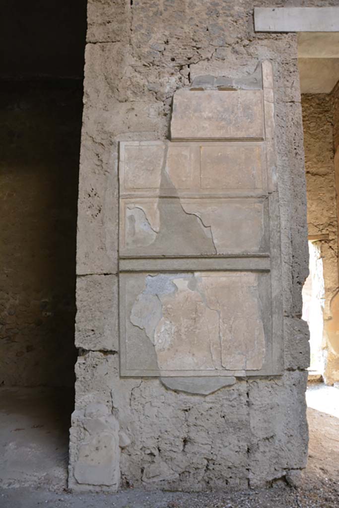 VI.2.4 Pompeii. March 2019.
Detail of painted wall decoration on pilaster between doorways to the south ala and room leading to garden apartments.
Foto Annette Haug, ERC Grant 681269 DÉCOR.
