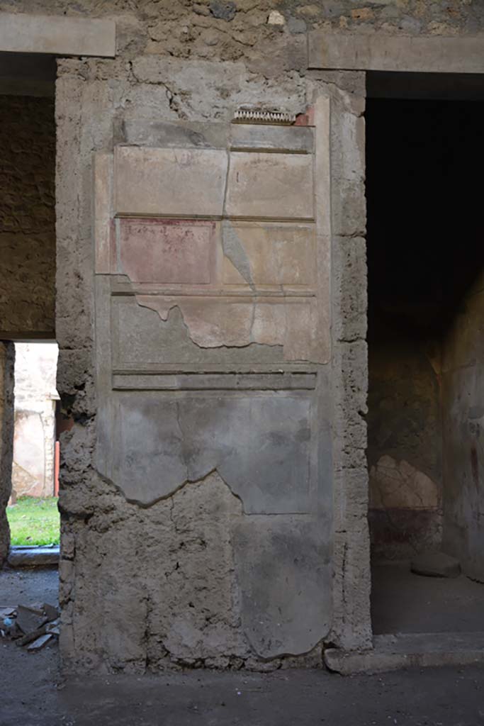 VI.2.4 Pompeii, December 2017.
Painted wall decoration on pilaster on south side of atrium, between doorway leading to garden apartments, on left, and a cubiculum, on right.
Foto Annette Haug, ERC Grant 681269 DÉCOR.