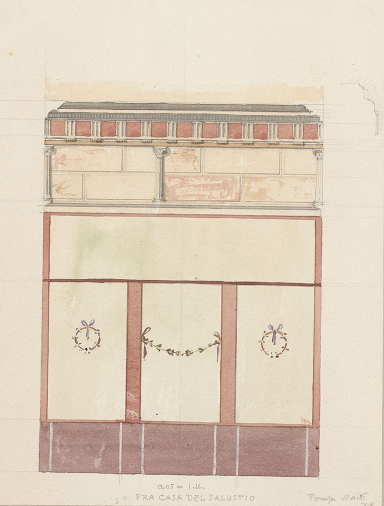 VI.2.4 Pompeii. May 1885. Painting by Otto Valdemar Koch (1852-1902) of east wall of cubiculum on south side of atrium.
Photo © Danmarks Kunstbibliotek, inventory number ark_17621a.