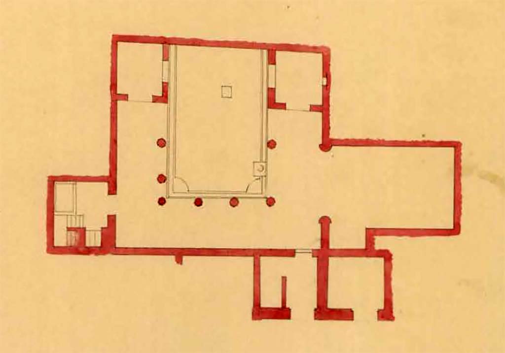 VI.2.4 Pompeii. Between 1823 and 1828, plan drawn by F. Duban, showing garden area.
The kitchen area is to the west, on the left, the large triclinium is to the west, on the right.
The two diaeta/cubicula and the painting of Diana and Actaeon would have been at the top, and the doorway from the house is in the north wall, on the lower side.
See Duban F. Album de dessins d'architecture effectués par Félix Duban pendant son pensionnat à la Villa Medicis, entre 1823 et 1828: Tome 2, Pompéi, pl. 35.
INHA Identifiant numérique NUM PC 40425 (2)
https://bibliotheque-numerique.inha.fr/idurl/1/7157 « Licence Ouverte / Open Licence » Etalab
