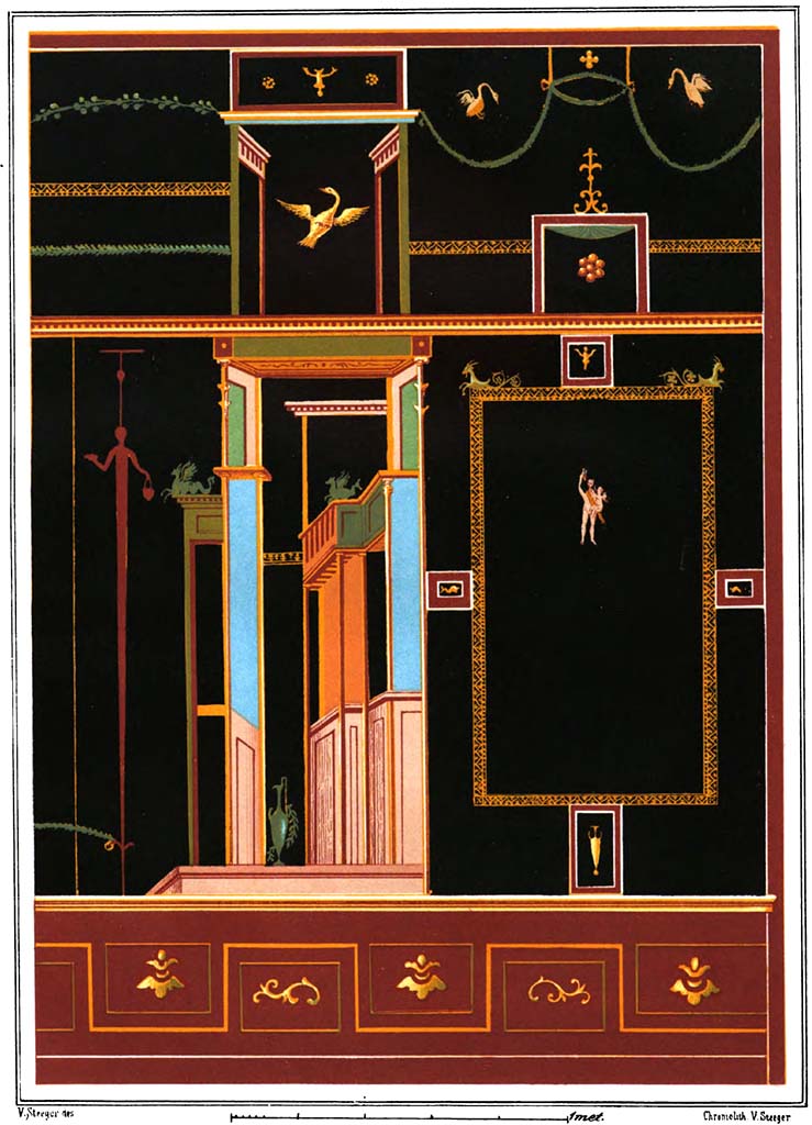 VI.2.4 Pompeii. c.1877. Black peristyle wall decoration.
According to Presuhn & Steeger reproducing a small piece situated to the left, in front of the small bedroom.
See Steeger V., 1877. Le più belle pareti di Pompei. Torino: Loescher. Fasc. I, Tav. V.
Kuivalainen shows a drawing by Reinach (122, 12 (RP 1922), which looks very similar to the figures in the panel above, and which he describes as –
“A composition of two figures against a black background. A standing floating figure adorned with a pine wreath wears a cloak or a nebris over his right shoulder falling to his left hip; he holds a bunch of grapes in his raised right hand, and carries an infant in his left arm and cupped hand.
The infant with wings tries to reach the grapes.”
The drawing by Reinach is described as being from the north wall of the peristyle, next to the small garden in the south side of the house.
See Kuivalainen, I., 2021. The Portrayal of Pompeian Bacchus. Commentationes Humanarum Litterarum 140. Helsinki: Finnish Society of Sciences and Letters, (G1, p.189).