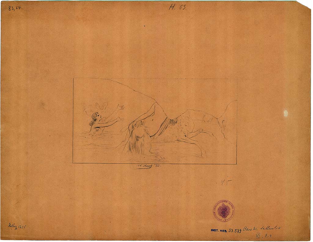 VI.2.4 Pompeii. Undated 19th century sketch by A. Aurelj.
Garden painting, showing remains of Phrixus and Helle, from above the side window of the cubiculum in the south-west corner of garden.
This was destroyed in 1943.
DAIR 83.64. Photo © Deutsches Archäologisches Institut, Abteilung Rom, Arkiv.