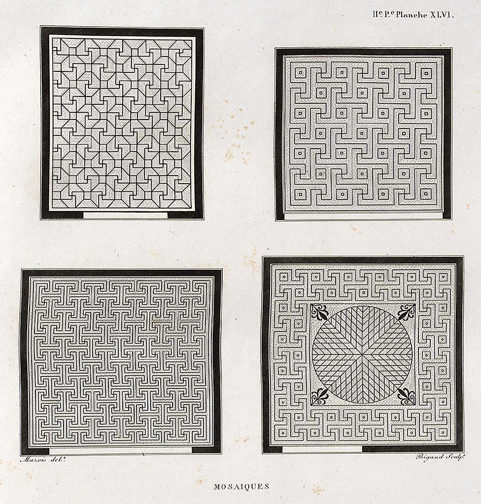 VI.2.4 Pompeii. c.1829. Drawing of mosaics by Mazois.
The mosaic on the top left, is possibly from Diaeta 33, (cubiculum in south-east corner of garden area), a black and white mosaic.
Pl. XLVI, - the mosaic on the top right, may be from Villa of Diomedes, no details of other lower two mosaics found yet.
See Mazois, F., 1824. Les Ruines de Pompei : Second Partie. Paris : Firmin Didot, (p.88, Pl. XLVI).
According to Laidlaw –
“Only fragments of the pavement of Diaeta 33 survived the bombing in World War II.
When the debris was cleared in 1971, large chunks of the black and white mosaic with a design of interlinked octagons and meanders were recovered in situ, and the entire pattern was then restored, the interstices being filled in on the basis of a pre-war photograph, Note 166 below.
Note 166: SAP Neg. No. C 990 (1917); PPM IV.1,134, fig.81, and see also Pernice 1938, 38 with pl.10, fig.6.
In 1971, the Mason used tesserae found scattered in the rubble, but when he ran out he got a couple of buckets from the nearby Casa della Fontana Piccola (VI.8.23), where repairs were being made. Consequently, the tesserae used in the restoration are a melange from the two houses.”
See Laidlaw, A., and Stella M. S., 2014. The House of Sallust in Pompeii (VI.2.4): JRA 98. Portsmouth Rhode Island. (p.110).