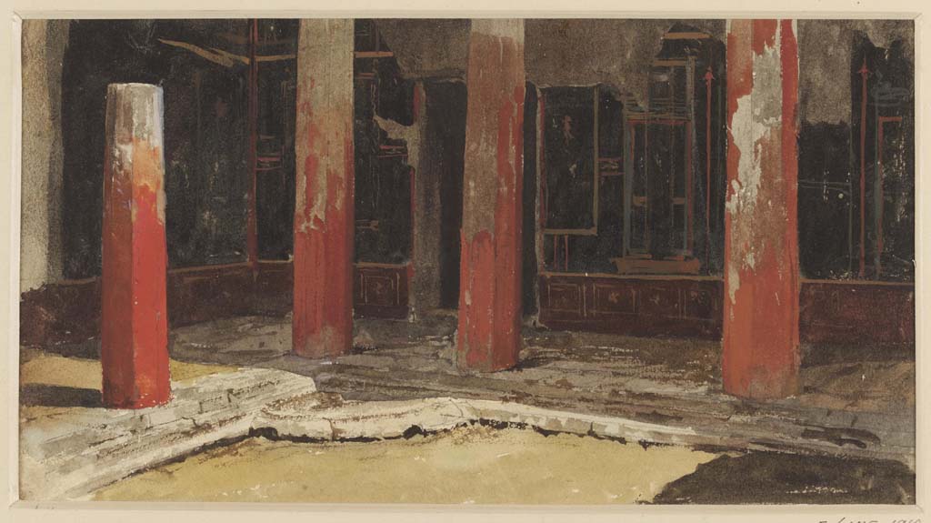 VI.2.4 Pompeii. Undated watercolour, by Luigi Bazzani, looking towards north-east corner of the peristyle of the women's apartments.
Photo © Victoria and Albert Museum. Inventory number 2054-1900.