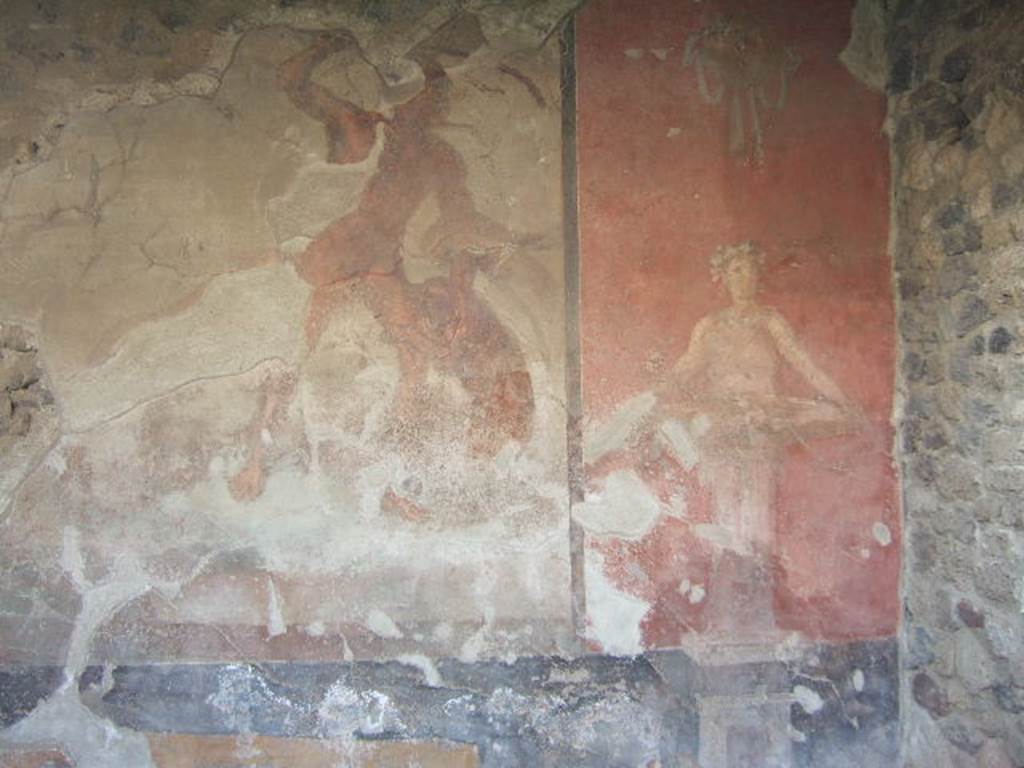 VI.2.4 Pompeii. May 2006. Wall painting of Acteon on south wall of small garden. On the right is a nymph in guise of a statue holding a fountain bowl in her hand. See Garcia y Garcia, L., 2006. Danni di guerra a Pompei. Rome: L’Erma di Bretschneider. (p.70, T:121).