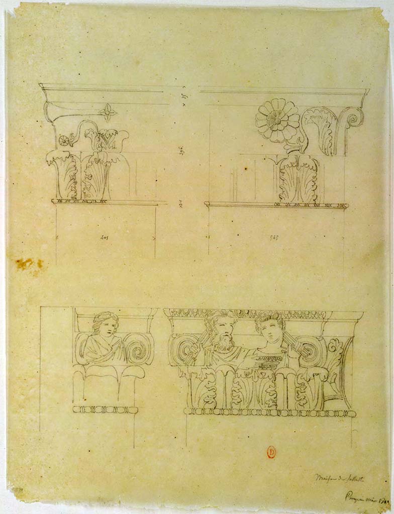 VI.2.4 Pompeii. May 1823. Sketches of capitals, at the top, they are from the atrium near the entrance to the north ala.
The lower sketches show details of the capital on the south side of the entrance doorway.
See Chenavard, Antoine-Marie (1787-1883) et al. Voyage d'Italie, croquis Tome 3, pl. 143.
INHA Identifiant numérique : NUM MS 703 (3). See Book on INHA
Document placé sous « Licence Ouverte / Open Licence » Etalab
According to Laidlaw et al –
“The sculptured capital to the right of this entrance must have been discovered during this time (c.1776) and will have become a standard reference point for the excavators; the report for 18th May 1780 mentions the location of a group of finds “near the pier that corresponds to the one where the capital remains” when they were cleaning the street in front of it. From this report it is obvious that at the time of the Bourbon excavation the sculptured capital to the left of the main doorway at VI.2.4 no longer existed, although we know from other preserved examples that entrances of houses with tufa facades decorated with sculptured capitals were done in pairs, often with a Bacchic theme.”
See Laidlaw, A., and Stella M. S., 2014. The House of Sallust in Pompeii (VI.2.4): JRA 98. Portsmouth Rhode Island. (p.23).