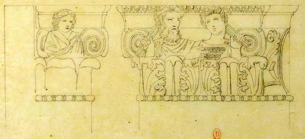 VI.2.4 Pompeii. May 1823. Enlargement of sketch by Chenavard of capital from south side of entrance doorway.
See Chenavard, Antoine-Marie (1787-1883) et al. Voyage d'Italie, croquis Tome 3, pl. 143 (detail).
INHA Identifiant numérique : NUM MS 703 (3). See Book on INHA
Document placé sous « Licence Ouverte / Open Licence » Etalab