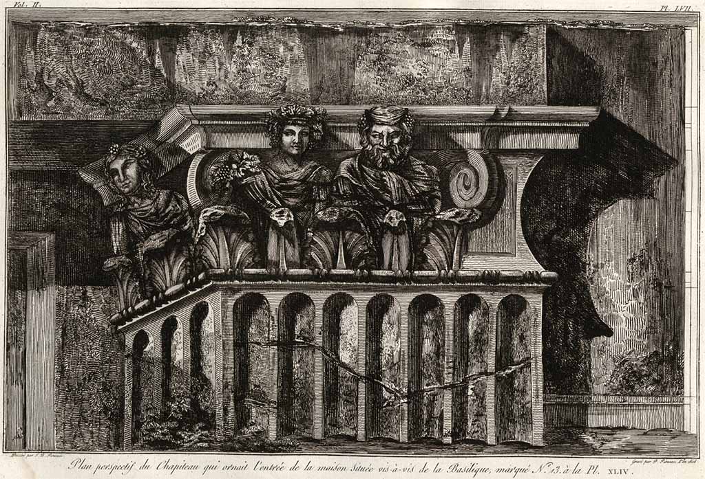 According to Piranesi, this shows a
“Plan perspectif du Chapiteau qui ornait l’entrée de la maison située vis-à-vis de la Basilique, marque No.13 a la Pl. XLIV.”
See Piranesi, F, 1804. Antiquités de la Grande Grèce : Tome II. Paris : Piranesi and Le Blanc, pl. LVII.
(Translating as –
“Perspective plan of the capital that adorned the entrance of the house located facing the Basilica, marked No.13 on the Pl. XLIV”)
No.13 on the plan (Pl. XLIV) would appear to be the House of Sallust/Acteon, which according to Mazois and Chenavard had different capitals.
This differs from both Chenavard and Mazois in that the front bearded figure, who has no pipes, and his companion, who is holding a cornucopia, are reversed.