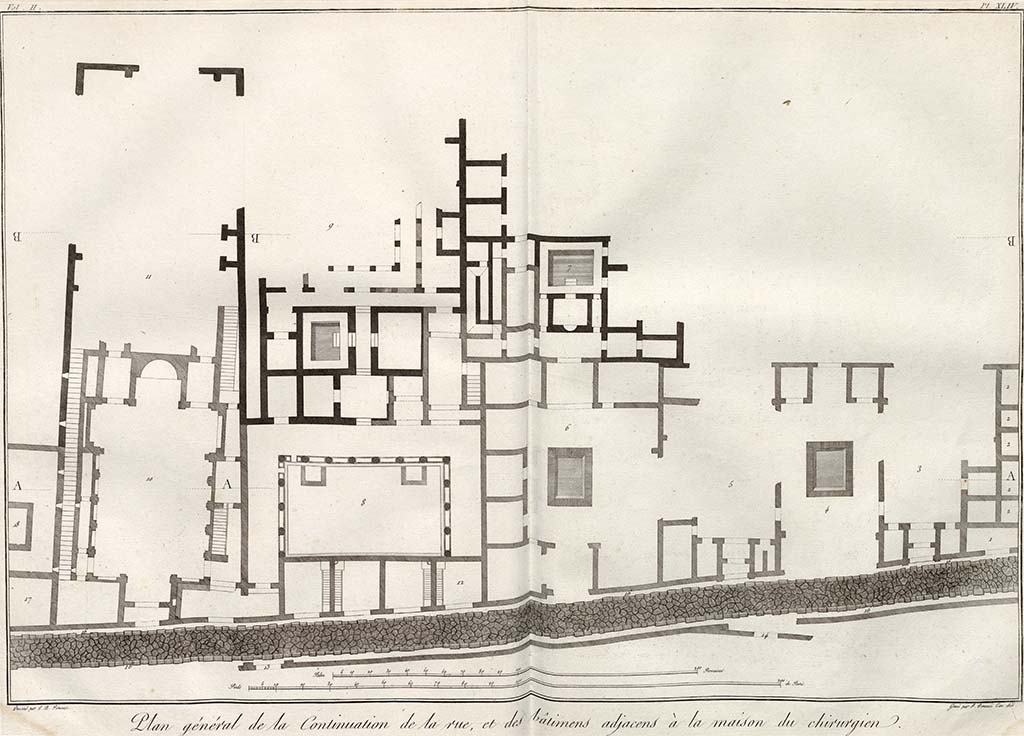 According to Piranesi, this is the plan in Plate XLIV – which shows
“Plan général de la continuation de la rue, et des batimens adjacens a la maison du chirurgien.”
See Piranesi, F, 1804. Antiquités de la Grande Grèce : Tome II. Paris : Piranesi and Le Blanc, pl. XLIV.
Translating as –
“General plan of the continuation of the street, and the buildings adjacent to the Surgeon's house”.
(The House of the Surgeon in relation to the plan above would be situated to the north (right) of these buildings, on the opposite side of the roadway to the letter A, (on right of plan).
The entrance to atrium at VI.17.13 is marked 3. This joined with atrium 3, 5 and 6 would show the House of the Three Atriums.
Atrium 4 does not seem to exist in reality, but may be showing the atrium marked 3 in the wrong location and should be superimposed above 3.
The entrance to atrium 5 must be VI.17.16.
The entrance to atrium 6 must be VI.17.17.
On the left of the plan are the entrances at VI.17.25, and 24, leading to the street-level peristyle by VI.17.23.
VI.17.25 seems to be described as a “Basilica”, presumably as it was found with no rooms at the sides of the atrium.
In one of his plans, he shows columns on either side of the centre of the atrium, as would be seen in a Basilica, as seen at VIII.1.1.
The lower No.13 would appear to be VI.2.4
The lower No.14 would appear to be VI.2.7