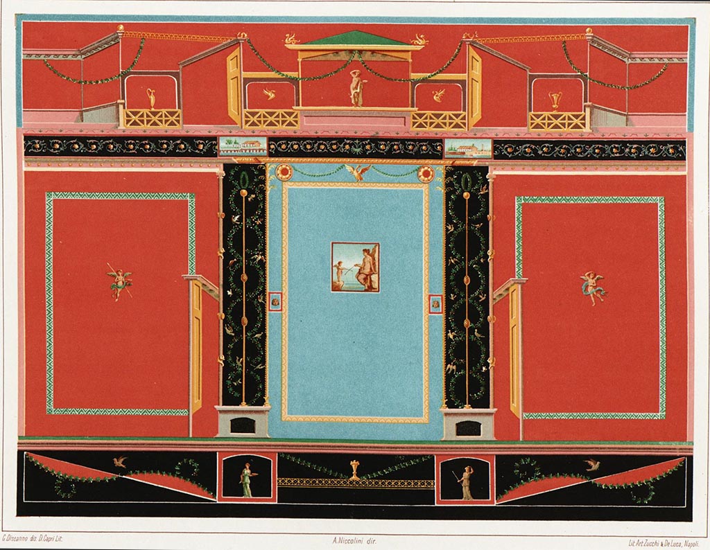 VI.2.14 Pompeii. Painting by Discanno of wall.
According to Niccolini -
“Tav. XV.
Pittura murale – In una nota posta al principio di questo capitolo abbiamo detto che avremmo qui pubblicate moltissime importanti pitture murale di Pompei, che non hanno trovato posto in altre parti dell’opera.
Gran parte di queste pareti sono completamente distrutte, altre danneggiate in modi da mostrare solo gl’incerti contorni.
Noi soli, però avendo la fortuna di possederne i disegni, fatti sin dal tempo del loro scoprimento, possiamo darne la riproduzione.
La parete che qui pubblichiamo era appunto una di quelle distrutte. Era pregevole per la finezza e semplicità del lavoro. Il quadro di mezzo rappresenta Venere pescatrice, soggetto caro a’ pompeiani, perché trovasi spesse volte ripetuto nei loro dipinti.”
See Niccolini, F., 1890. Le Case ed i Monumenti di Pompei. Book 3, L’arte in Pompei, tav. XV.
(Tav. XV.
Wall painting – In a note placed at the beginning of this chapter we said that we would publish here many important wall paintings from Pompeii, which have not found a place in other parts of the work.
Most of these walls are completely destroyed, others damaged in ways that only reveal the uncertain outlines. 
We alone, however, having the good fortune to possess the drawings, made since the time of their discovery, can give them a reproduction.
The wall that we publish here was one of those destroyed. It was remarkable for the finesse and simplicity of the work. 
The middle painting depicts Venus fishing, a subject dear to the Pompeians, because it is often repeated in their paintings.)

(Note - this wall is very similar to the walls in the triclinium, but no wall has a central painting of “Venus fishing”. 
The west wall of triclinium has the remains of wall painting of sitting man, cupid and abandoned Ariadne.
The north wall of the triclinium has the remains of a wall painting showing a male figure, column, small cupid and Aphrodite.  
The east wall of the triclinium has a very faded central painting of a contest between the light divinities, Aphrodite and Hesperus, in front of a cupid.
In the oecus, the north and west wall have doorways, so no wall for a central painting.
The east and south wall would have had the space for a central panel, but according to Breton, had paintings of “Bacchus sitting on a barrel” and “Silenus with a donkey”.) 
