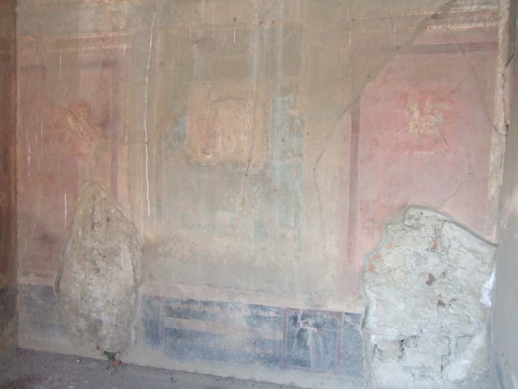 VI.2.14 Pompeii. September 2005. Painted north wall of triclinium.
According to Bianco –
“Le decorazioni parietali sono quasi tutte completamente perdute, in quanto, scavata agli inizi dell’800, non fu adeguatamente protetta, secondo l’abitudine, allora invalsa, di non ricostruire i tetti.
Solo una parte di esse è in un discreto stato di conservazione, come quelle dell’ambiente (11), un triclinio, coperto dopo lo scavo, con una semplice tettoia.
Le pitture si collocano nel IV stile, quindi contemporanee a quelle delle Casa del Poeta Tragico. Osserviamo la parete nord;
lo zoccolo è nero, la zona mediana divisa da sfondi architettonici, sorretti alla base da figure entro edicole, con un pannello azzurro al centro e dei pannelli a sfondo rosso ai lati. La zona superiore è ugualmente rossa ed è caratterizzata da un’edicolo. Infine la parete è completata con una cornice di stucco. Nei pannelli laterali a fondo rosso vi sono le vignette dalle quali deriva il nome della casa (Note 27) raffiguranti ad ovest un’Amazzone (note 28) e ad est un’Amazzone a cavallo (Note 29). Quest’ultima ha il mantello svolazzante, la pelta nella sinistra e l’ascia nella destra, calza stivaletti e ha la sella ornata (Note 30). ……….
Particolarmente interessanti sono anche la raffigurazione di una maschera tragica sulla parete ovest dello stesso triclinio (11) e di un quadro completamente perso che rappresentava Arianna (Note 31), temi trattati anche nella Casa della Poeta Tragico.”
(Note 27: Helbig, 1249.
Note 28: Secondo Helbig, 1842, si tratta di un cavaliere.
Note 29: Helbig, 1249.
Note 30: La vignette è la replica di uno stesso motivo presente in un quadro della casa IX.7.20; cfr. HERMANN-BRUCKMANN 1906, tav.178.1.
Note 31: Helbig in 1232, ne dà la descrizione: Arianna è raffigurata sulla destra in compagnia di un amorino in lacrime appena distinguibile al centro; risvegliata, guarda la nave di Teseo che si allontanò, sulla sinistra è presente una figura maschile accessoria.)
See Bianco, Annalisa. Il fregio delle Amazzoni nella Casa del Poeta Tragico a Pompei. (In Rivista di Studi Pompeiani, XVIII, 2007, (p.58).