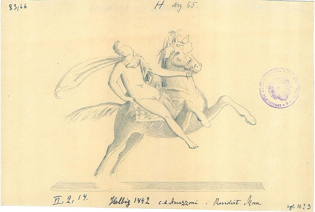 VI.2.14 Pompeii. Drawing of painted figure on horseback from north wall of triclinium, at west end.
DAIR 83.66. Photo © Deutsches Archäologisches Institut, Abteilung Rom, Arkiv.
See Helbig, W., 1868. Wandgemälde der vom Vesuv verschütteten Städte Campaniens. Leipzig: Breitkopf und Härtel, 1842.
See Gell, W, and Gandy J. P., 1819. Pompeiana. London: Rodwell and Martin, pl. 26.