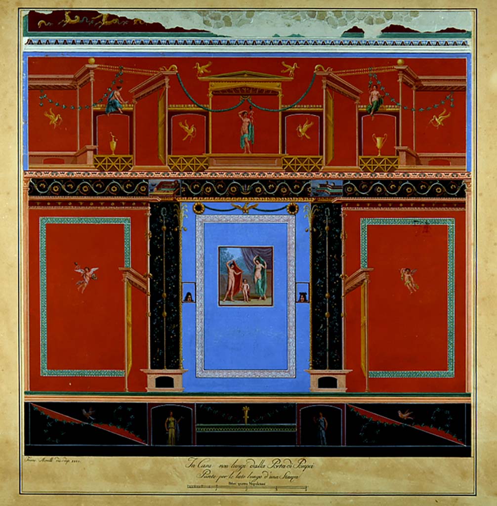 VI.2.14 Pompeii. 1812 watercolour by F. Morelli painted a year after the discovery of the house.
This shows the rich decoration of the east wall of the triclinium.
The upper part is an architectural framework in which are birds with bandages in their beaks and female figures.
The central area is composed of three panels of which the two lateral framed red ones bear a winged Cupid,
The central panel is a painting of a contest between the light divinities, Aphrodite and Hesperus, in front of a cupid.
In the black zoccolo are two female figures making offerings and garlands.
Now in Naples Archaeological Museum. Inventory number ADS 129.
See Carratelli, G. P., 1990-2003. Pompei: Pitture e Mosaici. Vol. IV. Roma: Istituto della enciclopedia italiana, p. 180.