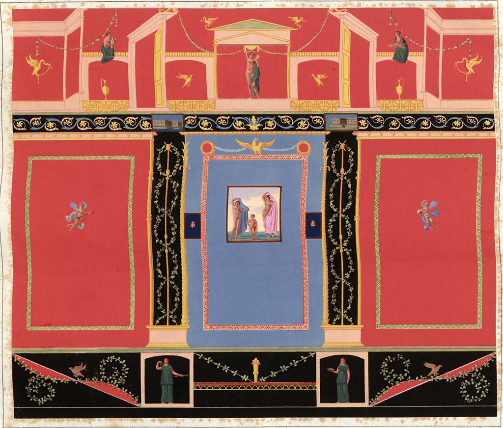VI.2.14 Pompeii. Pre-1828. Painting by Zahn, described as a “Wall of the Casa della Danzatrice in Pompeji”.
See Zahn, W., 1828. Die schönsten Ornamente und merkwürdigsten Gemälde aus Pompeji, Herkulanum und Stabiae: I. Berlin: Reimer. No.69.
According to Schefold, this was from the east wall of the triclinium in VI.2.14.
See Schefold, K., 1957. Die Wände Pompejis. Berlin: De Gruyter, p. 94.
According to Kuivalainen –
in the upper centre of this painting with the red background, is “an almost naked young Bacchus with a thyrsus”.
"A youth standing with his weight on his right foot, on a red background, head slightly turned to the left.
His right arm is raised to the top of his head, and in his raised left arm he holds a thyrsus with a bunch of leaves upwards.
A large green cloak covers his left shoulder and reaches to his calves".
See Kuivalainen, I., 2021. The Portrayal of Pompeian Bacchus. Commentationes Humanarum Litterarum 140. Helsinki: Finnish Society of Sciences and Letters, (p.99, B9).