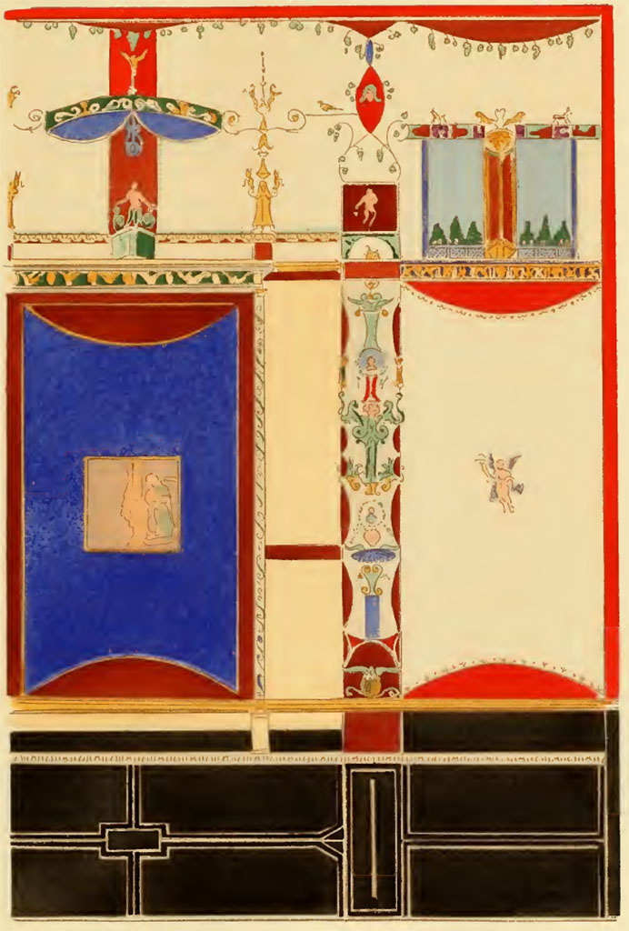VI.2.16, Pompeii. Pre 1924. Painting by Pierre Gusman, showing detail of the north wall of the tablinum.
This was a reproduction of an engraving by Mazois.
(described as -
XVII. Panneau extrait de la série exécutée par l'architecte français Mazois, au début du xix- siècle. Spécimen unique d'un panneau bleu foncé. Début du quatrième style.)
See Gusman P., 1924. La Décoration Murale de Pompei. Paris : Morancé, pl. XVII.