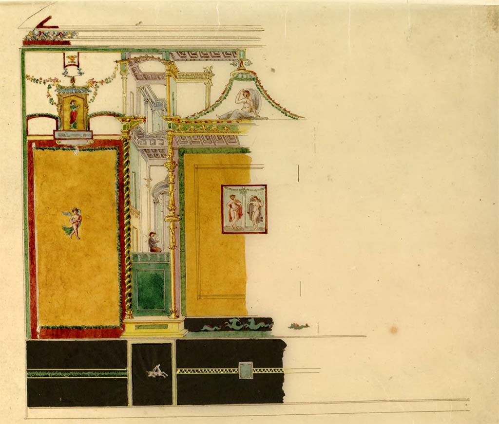 VI.2.16 Pompeii. Undated painting of a wall, by Chenavard. This may be the north wall of the exedra/oecus on north side of peristyle.
See Chenavard, Antoine-Marie (1787-1883) et al. Voyage d'Italie, croquis Tome 3, pl. 117.
INHA Identifiant numérique : NUM MS 703 (3). See Book on INHA
Document placé sous « Licence Ouverte / Open Licence » Etalab