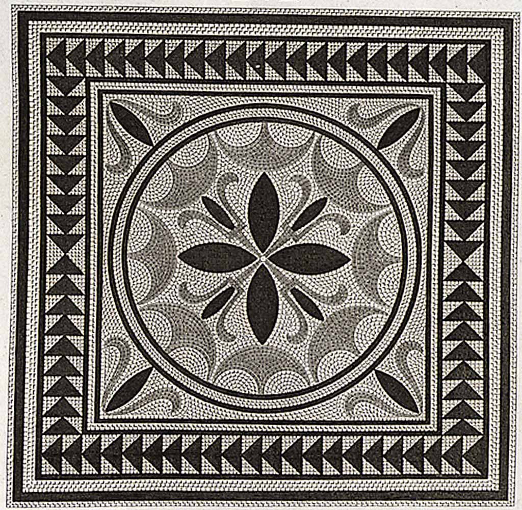VI.2.16 or VI.2.17 Pompeii. 1824 engraving of mosaic emblema by Mazois.
According to Mazois –
this engraving represents a mosaic found in the triclinium of a house shown in Pl. XXI and XXII. (p.61).
Plates XXI and XXII are showing the Houses at VIII.2.1/3, known as the Houses of Championnet.
See Mazois, F., 1824. Les Ruines de Pompei : Second Partie. Paris: Firmin Didot, p.61, pl. XX fig II.
According to Mazois on page 69, Pl.XXIV, which is the plan of houses at VI.2.16 and VI.2.22, he states that the mosaic found in the triclinium (room 24) was the mosaic found in this area which has already been given (seen) in Pl. XX.
See Mazois, F., 1824. Les Ruines de Pompei : Second Partie. Paris: Firmin Didot, p.69, pl.XXIV.
According to PPM –
VI.2.16 Tablinum. A small amount remains of the flooring in cocciopesto punctuated by white tesserae.
At the centre of this room, according to Mazois, there was an emblema with a four-petalled rosette associated with four lotus buds.
See Carratelli, G. P., 1990-2003. Pompei: Pitture e Mosaici. IV. Roma: Istituto della enciclopedia italiana, p. 209.