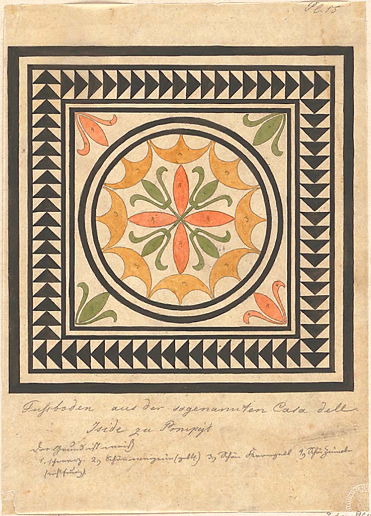 VI.2.14, VI.2.16 or VI.2.17 Pompeii. 1834 painting by Ernst Zocher “Fußboden aus der sogenannten Casa dell’ Iside zu Pompeji".
This is the same mosaic as shown by Mazois and referred to by PPM as from VI.2.16.
The name Casa dell'Iside could however place it in VI.2.14, 16 or 17.
Photo courtesy Foto Marburg © Architekturmuseum der TU München, Inventar-Nr. zoc-48-2, 913993, alte Inventar-Nr. 2.3.2. CC-BY-NC-ND