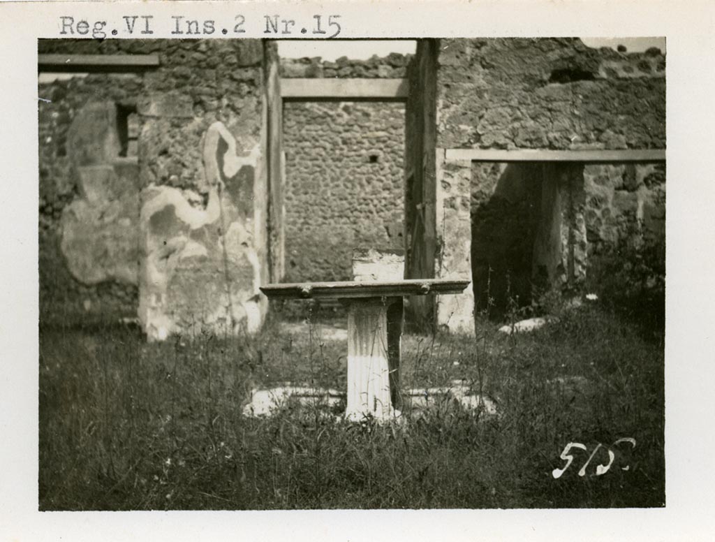Mystery photo.
VI.2.15 Pompeii, according to Warsher. Pre-1937-39. Looking towards entrance doorway.
Photo courtesy of American Academy in Rome, Photographic Archive. Warsher collection no. 515.
(Note: the doorway at VI.2.15 is a rear doorway into the peristyle area, therefore - without an impluvium in the centre.
This may be the entrance at VI.2.16 into an atrium with marble impluvium and a round marble table, but be aware thismay not be from this house at all.)