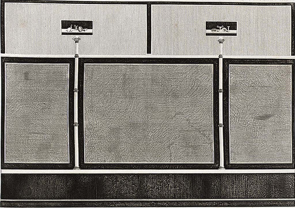 VI.2.16 Pompeii. c.1811. Painting of wall of atrium by Mazois.
See Mazois, F., 1824. Les Ruines de Pompei : Second Partie. Paris: Firmin Didot, pl. XXV, fig. I.