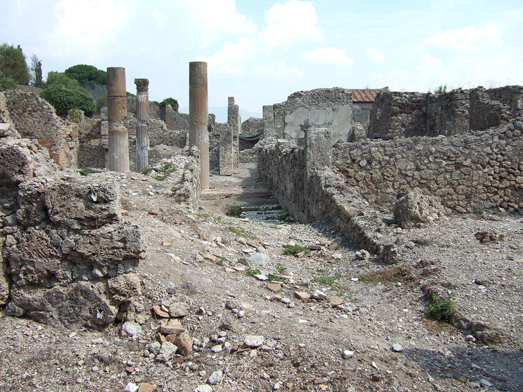 VI.2.18 Pompeii. September 2005. Looking east from area of rear entrance.
According to Garcia y Garcia, two bombs fell here that caused the grave ruin and abandonment of the area.
The prothyron was destroyed, two rooms to the south of it, and a part of the atrium.
The north perimeter wall was also destroyed for a large area of 4 x 4m.
See Garcia y Garcia, L., 2006. Danni di guerra a Pompei. Rome: L’Erma di Bretschneider. (p.74)