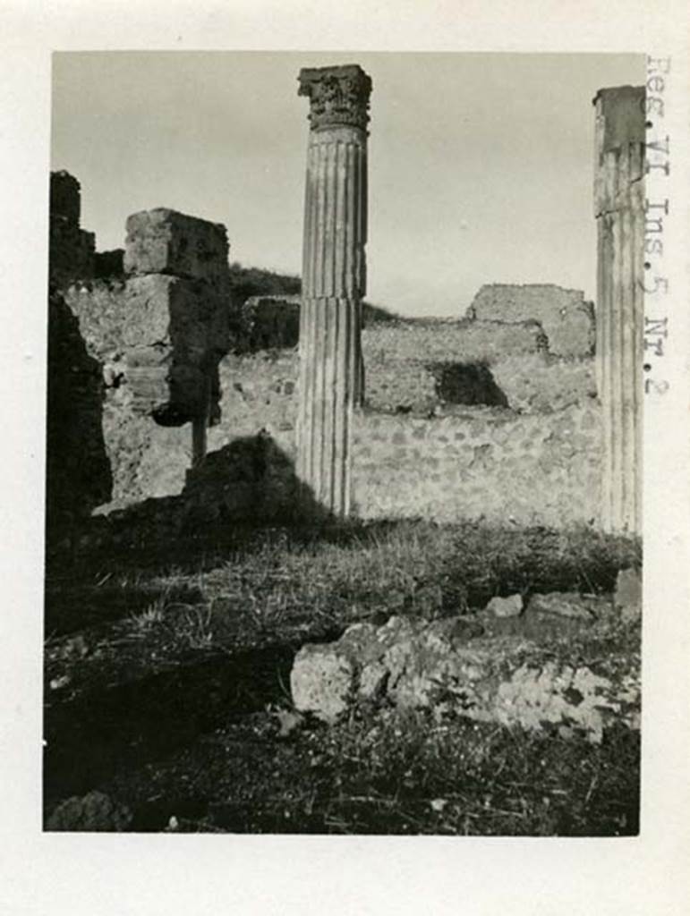 VI.2.18 Pompeii but shown as VI.5.2 on the photo. 1937-39.
Looking east towards columns, across the garden area towards the atrium and entrance doorway.
In the distance are the walls of VI.5.2.
Photo courtesy of American Academy in Rome, Photographic Archive.
Warsher collection no. 1845.