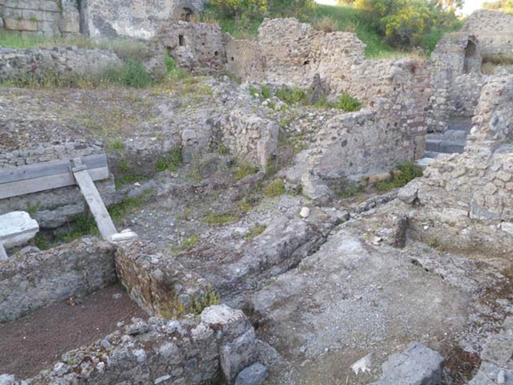 VI.2.19 Pompeii. May 2011. Looking north-east across the impluvium towards the entrance corridor onto Vicolo di Modesto. In the upper right of the photograph, insula VI.5 can be seen.