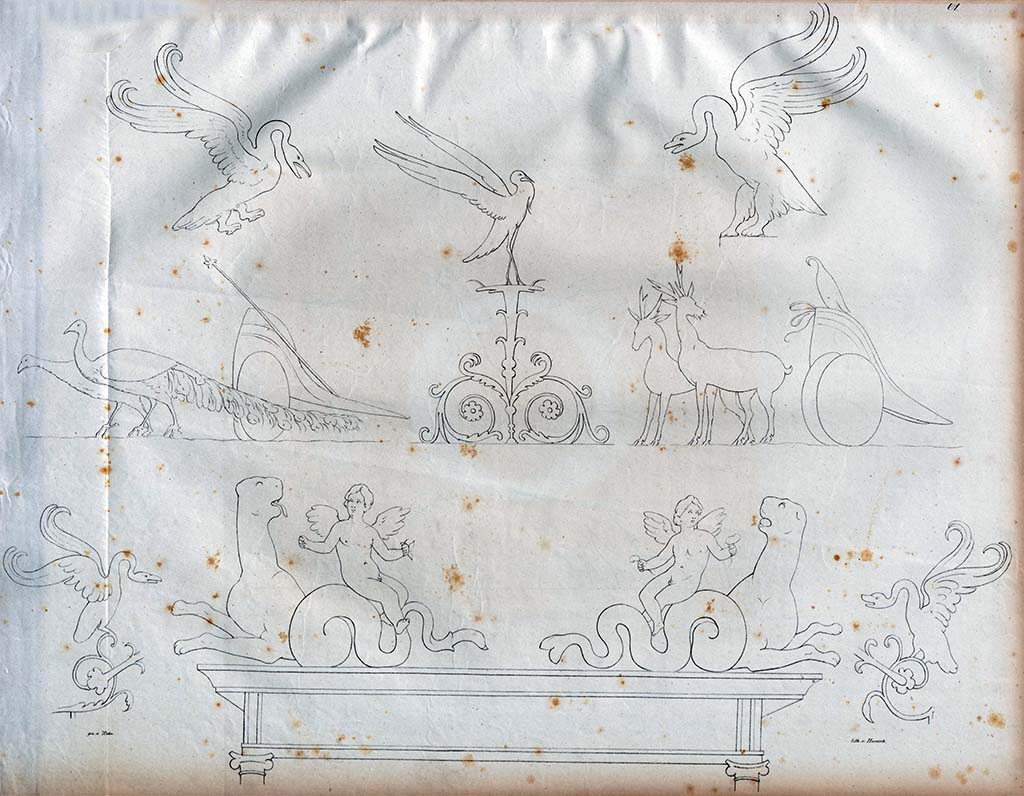 VI.2.22 Pompeii. Casa dell’Danzatrice or else Casa dell’Iside. Pre-1828.
According to Zahn, the Ibis, in the middle of the page, was seen in the Casa dell’Iside, on upper west wall of triclinium.
This would appear to look like an identical Ibis from the west wall (see above) of the triclinium of Casa dell’Danzatrice, so we have included it here.
The two chariots were drawn from the fullonica, behind the House of the Tragic Poet, VI.8.20/21, from an excavation made in summer of 1826.
The two swans are from the House of the Tragic Poet.
The architectural decorations, lower, were drawn in the Naples Museum.
See Zahn, W., 1828. Die schönsten Ornamente und merkwürdigsten Gemälde aus Pompeji, Herkulanum und Stabiae: I. Berlin: Reimer, taf. 61.