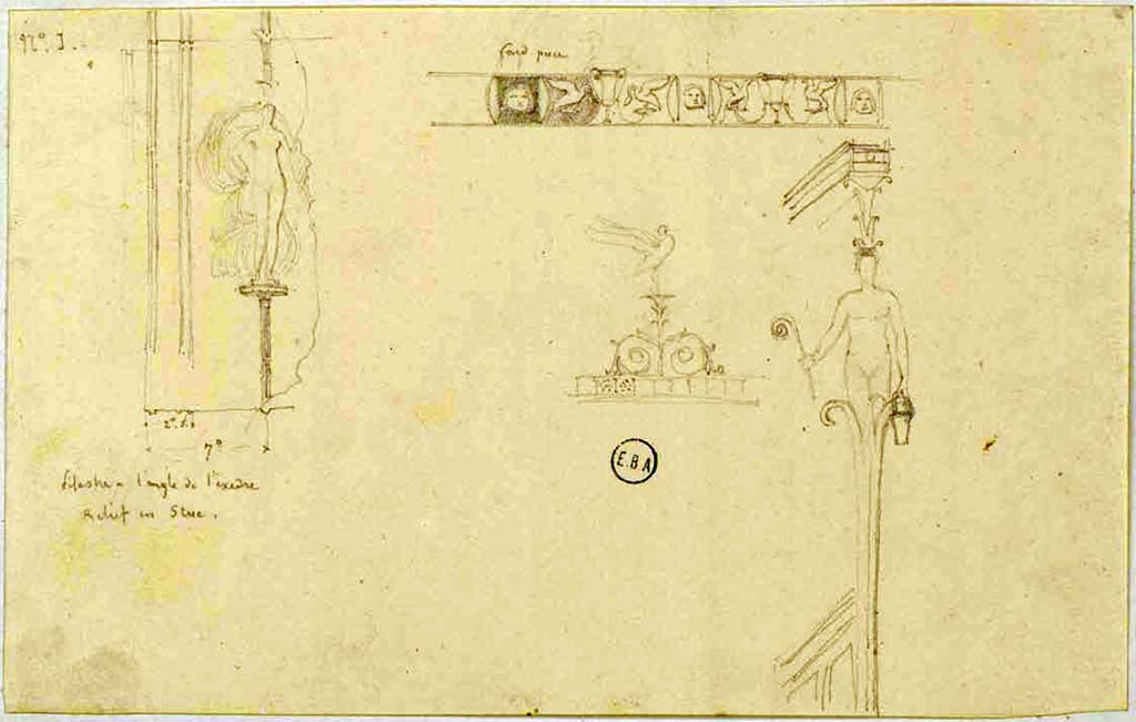 VI.2.22. Casa dell’Iside, or else Casa dell’ Danzatrice.
Undated drawings by Lesueur, the Ibis, in the middle of the page, is drawn from the Casa dell’Iside.
See Lesueur, Jean-Baptiste Ciceron. Voyage en Italie de Jean-Baptiste Ciceron Lesueur (1794-1883), pl. 83.
See Book on INHA reference INHA NUM PC 15469 (04) « Licence Ouverte / Open Licence » Etalab