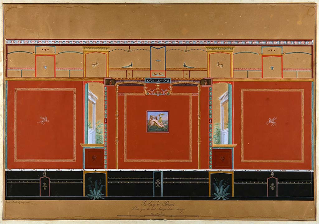 VI.2.22 Pompeii. 1811 painting by F. Morelli of south wall of triclinium.
The central panel shows Europa on the bull.
Now in Naples Archaeological Museum. Inventory number ADS 133.
Photo © ICCD. http://www.catalogo.beniculturali.it
Utilizzabili alle condizioni della licenza Attribuzione - Non commerciale - Condividi allo stesso modo 2.5 Italia (CC BY-NC-SA 2.5 IT)