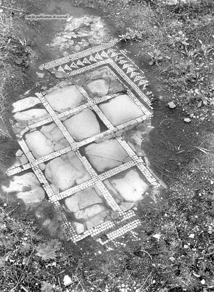 VI.2.22 Pompeii. c.1930. Central emblema of flooring from an unknown room, perhaps triclinium or tablinum.
DAIR 41.730. Photo © Deutsches Archäologisches Institut, Abteilung Rom, Arkiv.
See Pernice, E. 1938. Pavimente und Figürliche Mosaiken: Die Hellenistische Kunst in Pompeji, Band VI. Berlin: de Gruyter, (tav. 39.5 above.)