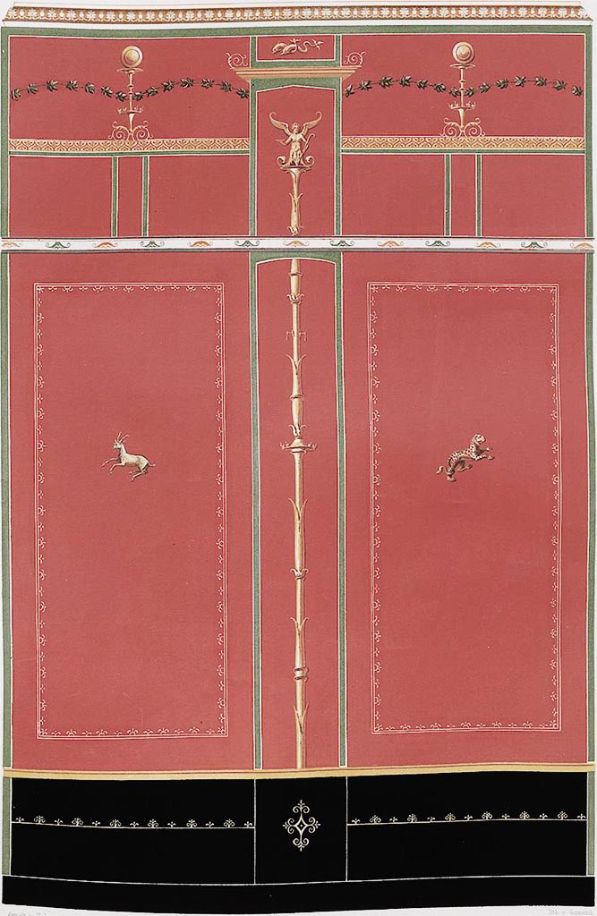VI.2.22 Pompeii. 1852 painting of cubiculum, west (or short) wall.
See Zahn, W., 1852. Die schönsten Ornamente und merkwürdigsten Gemälde aus Pompeji, Herkulanum und Stabiae: III. Berlin: Reimer. Taf. 19.
See Carratelli, G. P., 1990-2003. Pompei: Pitture e Mosaici Vol. IV. Roma: Istituto della enciclopedia italiana, p. 248.