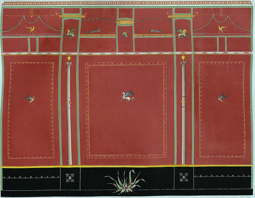 VI.2.22 Pompeii. Cubiculum, pre-1849 painting by Zahn relative to both the north and south walls of the cubiculum.
See Zahn, W., 1852. Die schönsten Ornamente und merkwürdigsten Gemälde aus Pompeji, Herkulanum und Stabiae: III. Berlin: Reimer. Taf. 18.
See Carratelli, G. P., 1990-2003. Pompei: Pitture e Mosaici Vol. IV. Roma: Istituto della enciclopedia italiana, p. 248.