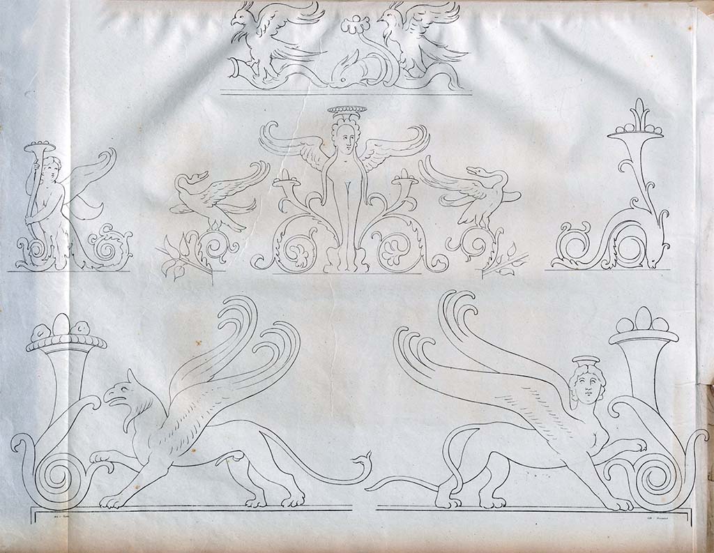 VI.2.22 Pompeii. Pre-1828.
Drawings by Zahn, the griffin and the sphynx were from House of the Danzatrici and were painted in gold on a darkened red background. We do not known from where in the House.
The decorations in the middle are from the House of the Tragic Poet, and some from the House of the Naviglio.
The decoration at the top was found near the Pantheon.
See Zahn, W., 1828-29. Die schönsten Ornamente und merkwürdigsten Gemälde aus Pompeji, Herkulanum und Stabiae: I. Berlin: Reimer, taf. 73.