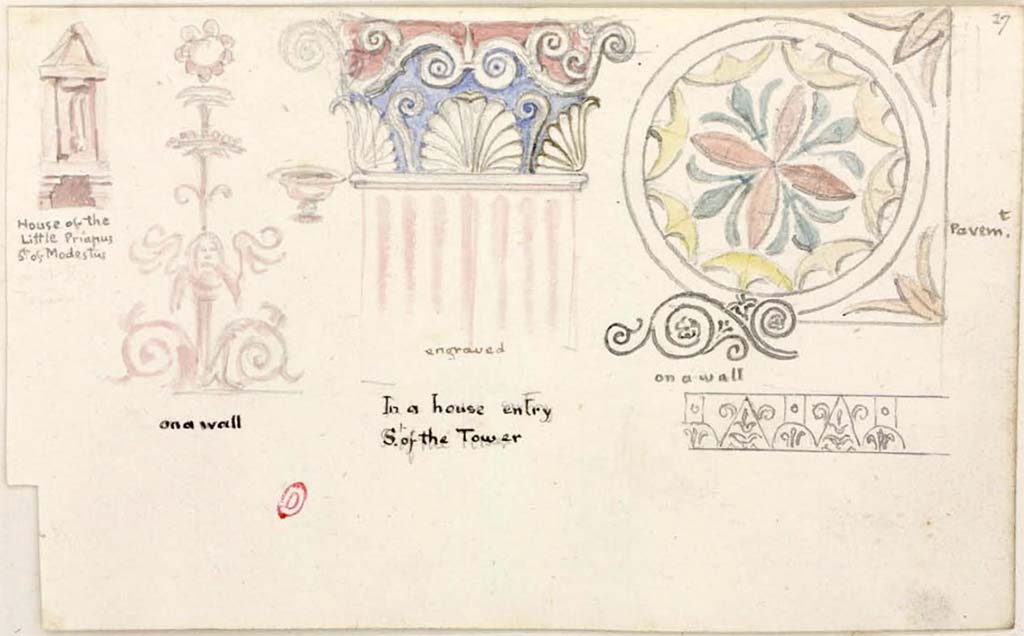 VI.2.24 Pompeii. Between 1819 and 1832. Drawings by W. Gell.
On the left, drawing of phallic symbol, presumably in the outside wall of �House of the Little Priapus, Street of Modestus�.
This may or may not be from here, as we cannot find any proof of this name, (but see also VI.2.25).
The next drawing, "on a wall", may or may not be from here.
The capital �In a house entry South of the Tower� is from VI.2.18/19.
The floor decoration is from VI.2.17.
See Gell, W. Pompeii unpublished [Dessins de l'�dition de 1832 donnant le r�sultat des fouilles post 1819 (?)] vol II, pl. 83.
Biblioth�que de l'Institut National d'Histoire de l'Art, collections Jacques Doucet, Identifiant num�rique Num MS180 (2).
See book in INHA Use Etalab Licence Ouverte



