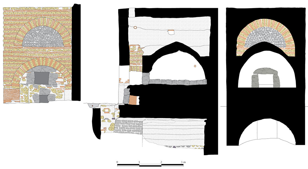 Fig. 5 - Pompéi Pistrina. Le four de la boulangerie VI 3, 3.27-28.
Façade, coupes longitudinale et transversale.
Relevé : S. Zanella, R. Macario ; DAO : N. Monteix, R. Macario ; échelle : 1/50.